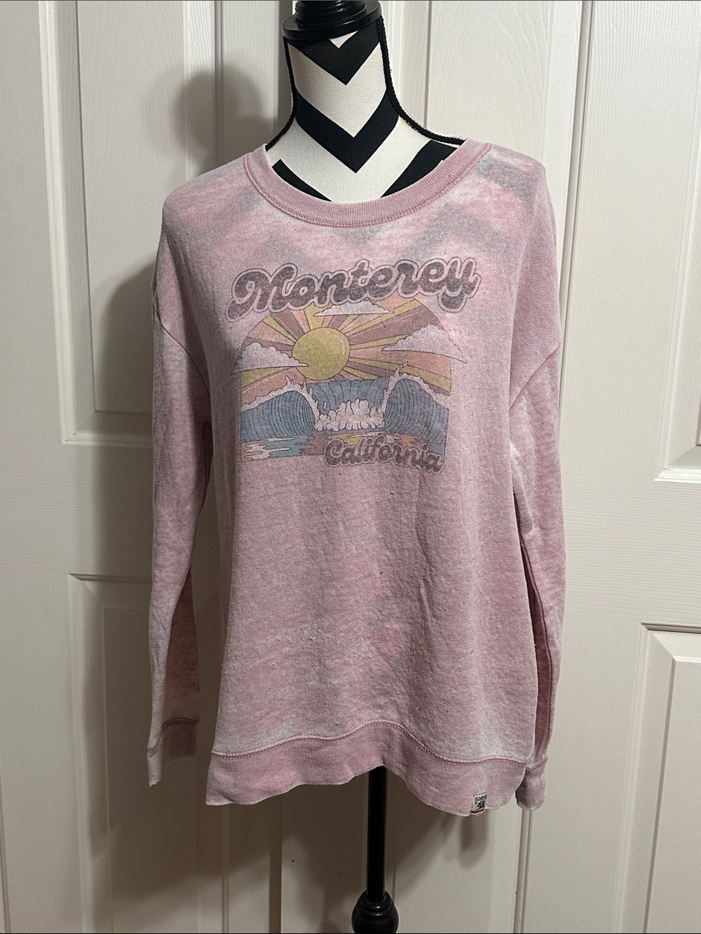 Techstyles Monterey California Pink Graphic Crewneck Burnout Sweatshirt